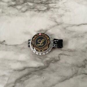 Handmade Vintage Girls Bottle Cap Hair Clip “L” Gold, Black & Pink
